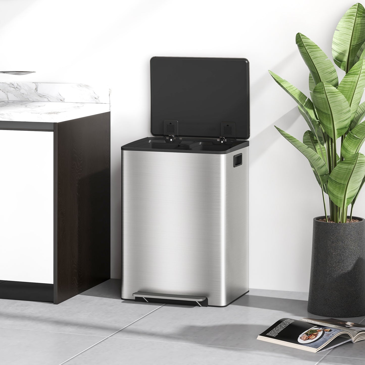 2 x 30L Double Kitchen Bin, Pedal Bin with Soft-Close Lid, Silver