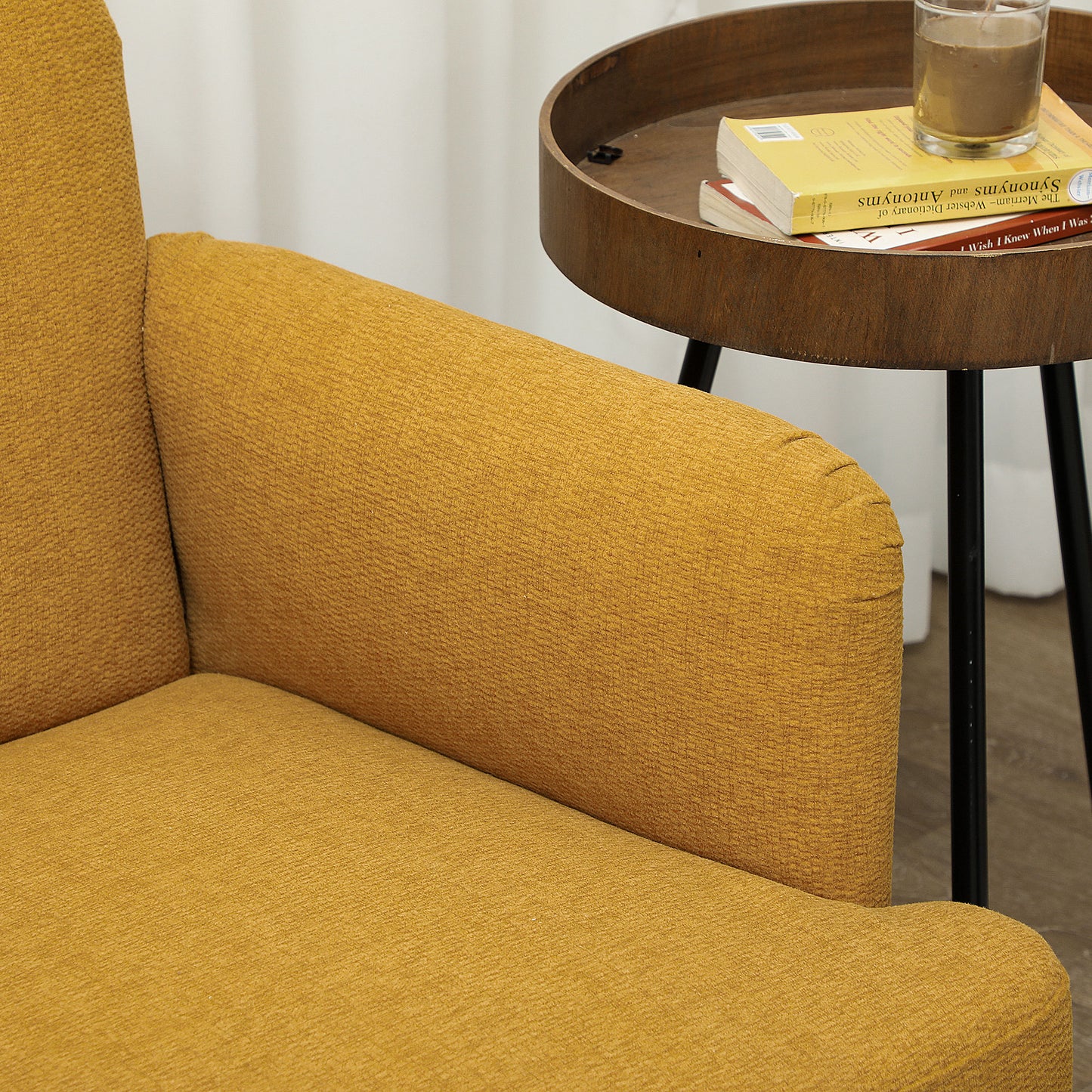 2 Seater Sofa with 21cm Thick Padding and Wood Legs, Yellow