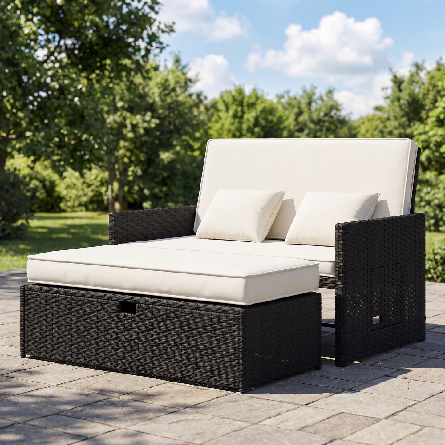 Garden Rattan Furniture Set 2 Seater Patio Sun Lounger Daybed Cream