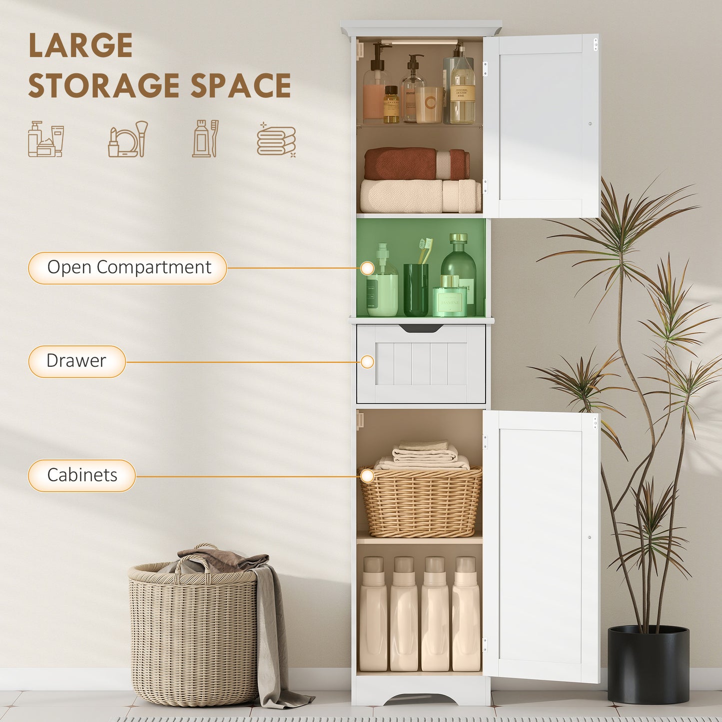 170cm Tall Bathroom Storage Cabinet with LED Light, Adjustable Shelf