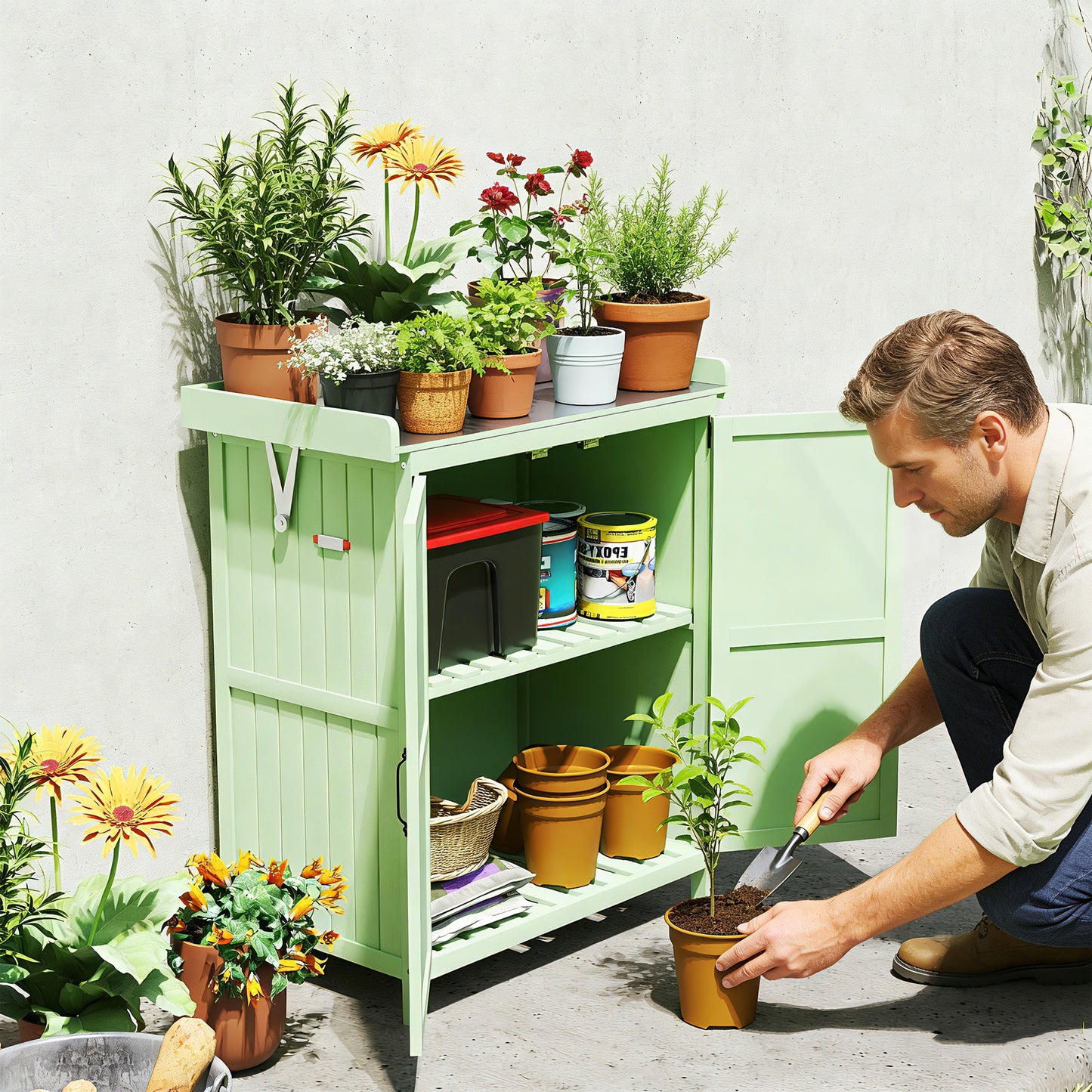 Wooden Garden Storage Shed w/Hinged Roof and Shelf, Light Green