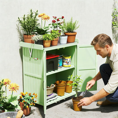 Wooden Garden Storage Shed w/Hinged Roof and Shelf, Light Green