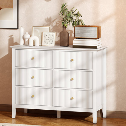 Fluted Chest of Drawers 6 Drawer Dresser for Bedroom Hallway White