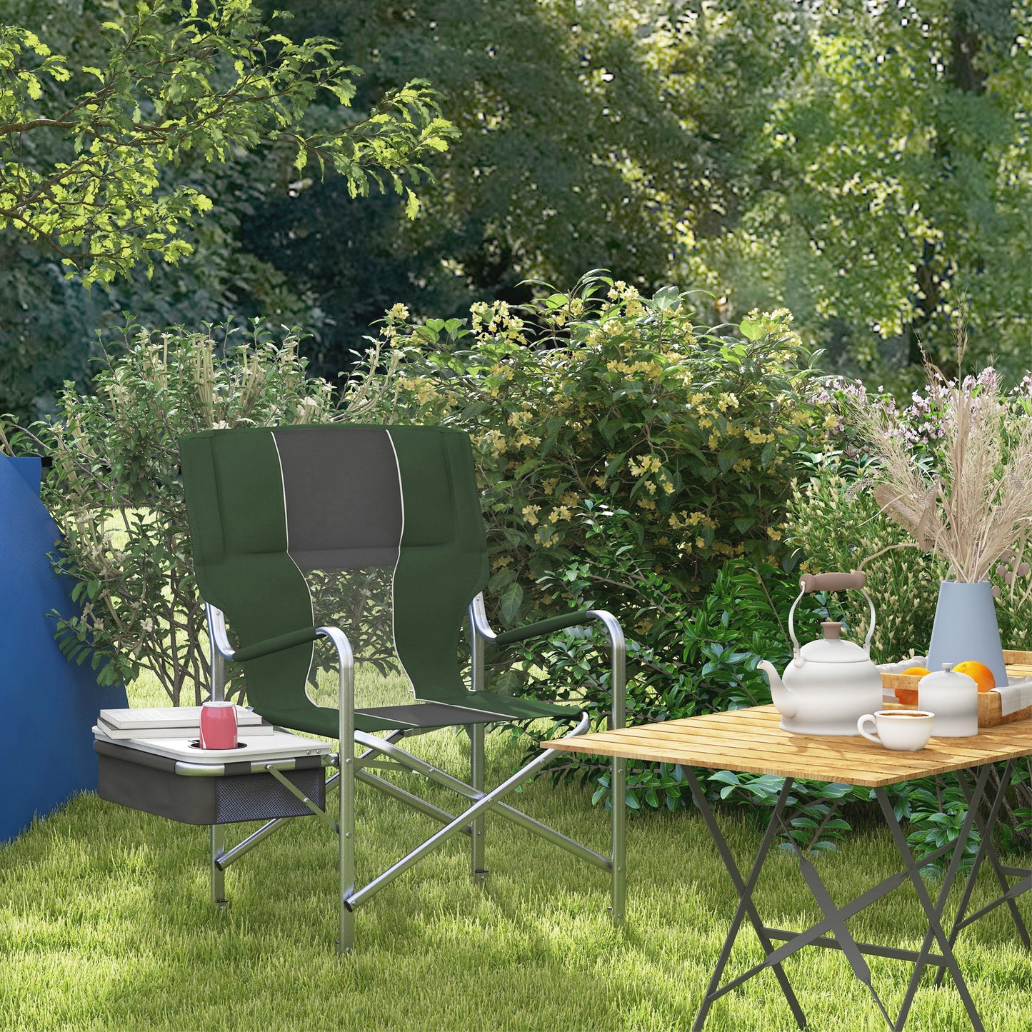 Folding Directors Chair Aluminium Camping Chair with Cooler Bag Green