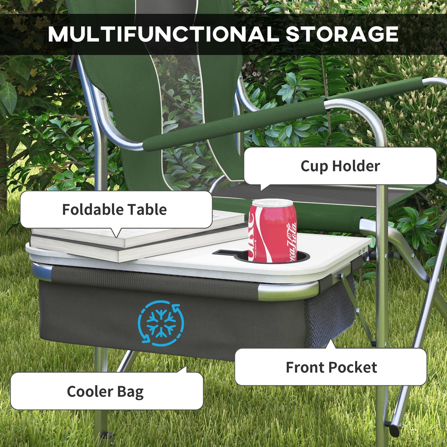 Folding Directors Chair Aluminium Camping Chair with Cooler Bag Green