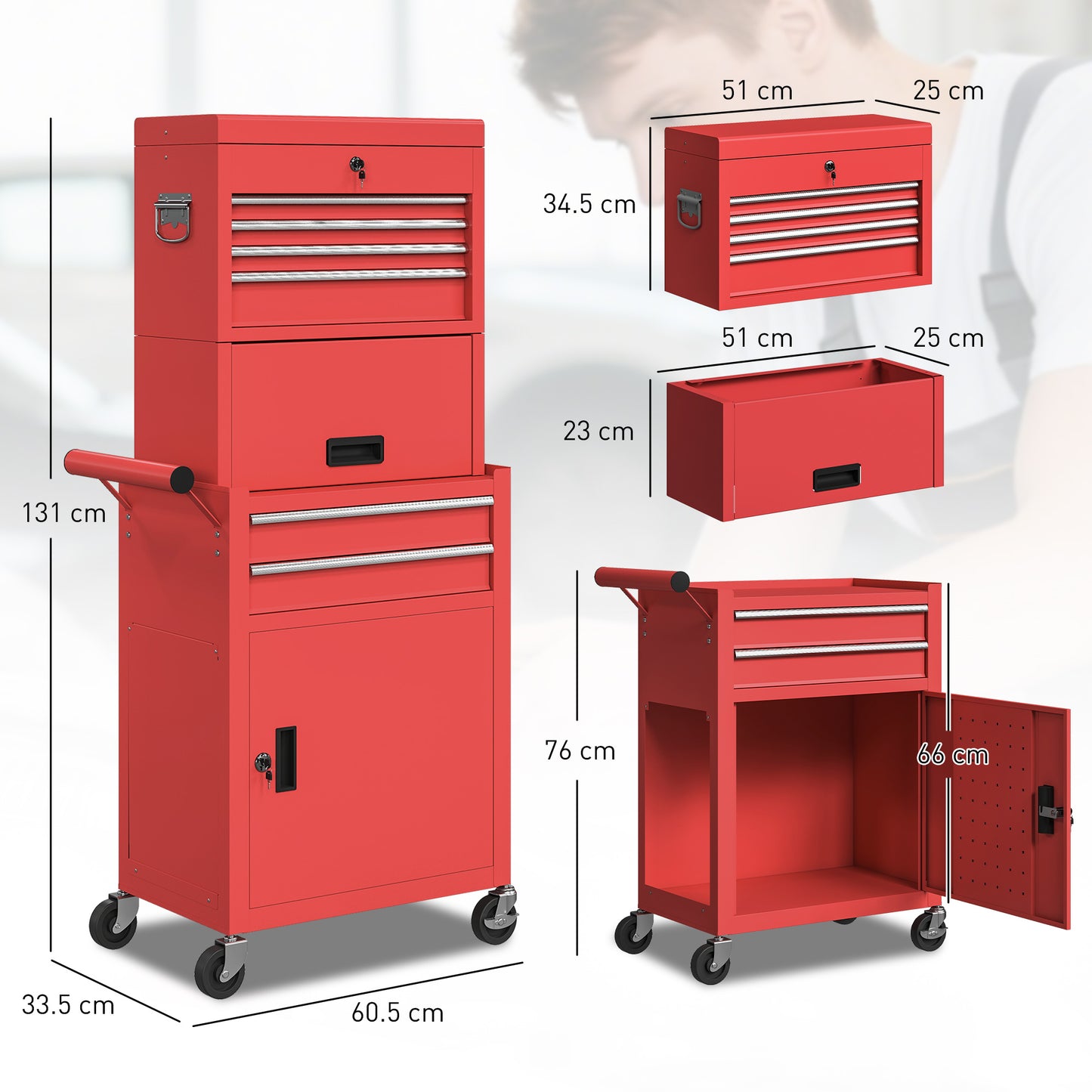Tool Cabinet with 6 Drawers, 3-in-1 Rolling Tool Chest with Wheels