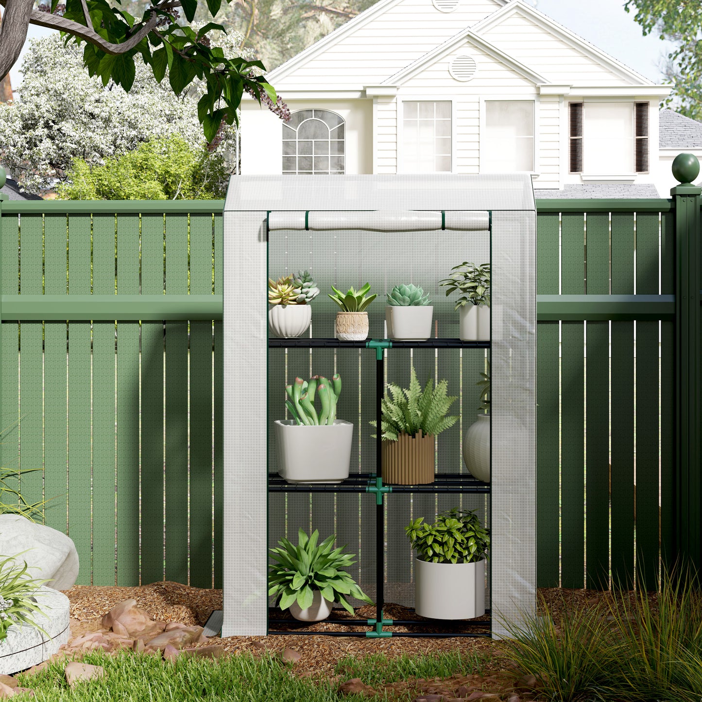 3 Tier Mini Greenhouse with PE Cover, Roll-Up Door, White