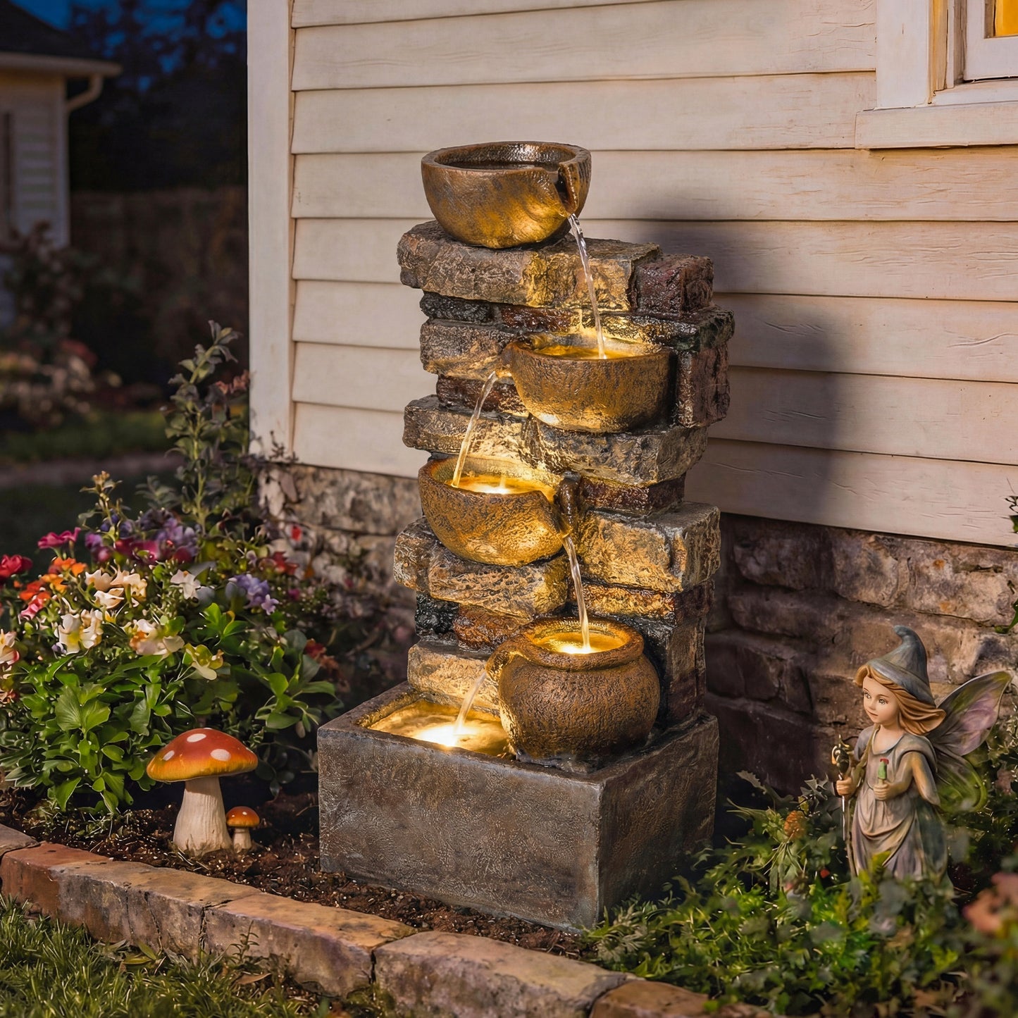Outdoor Fountain with LED Lights, Cascading Waterfall Feature