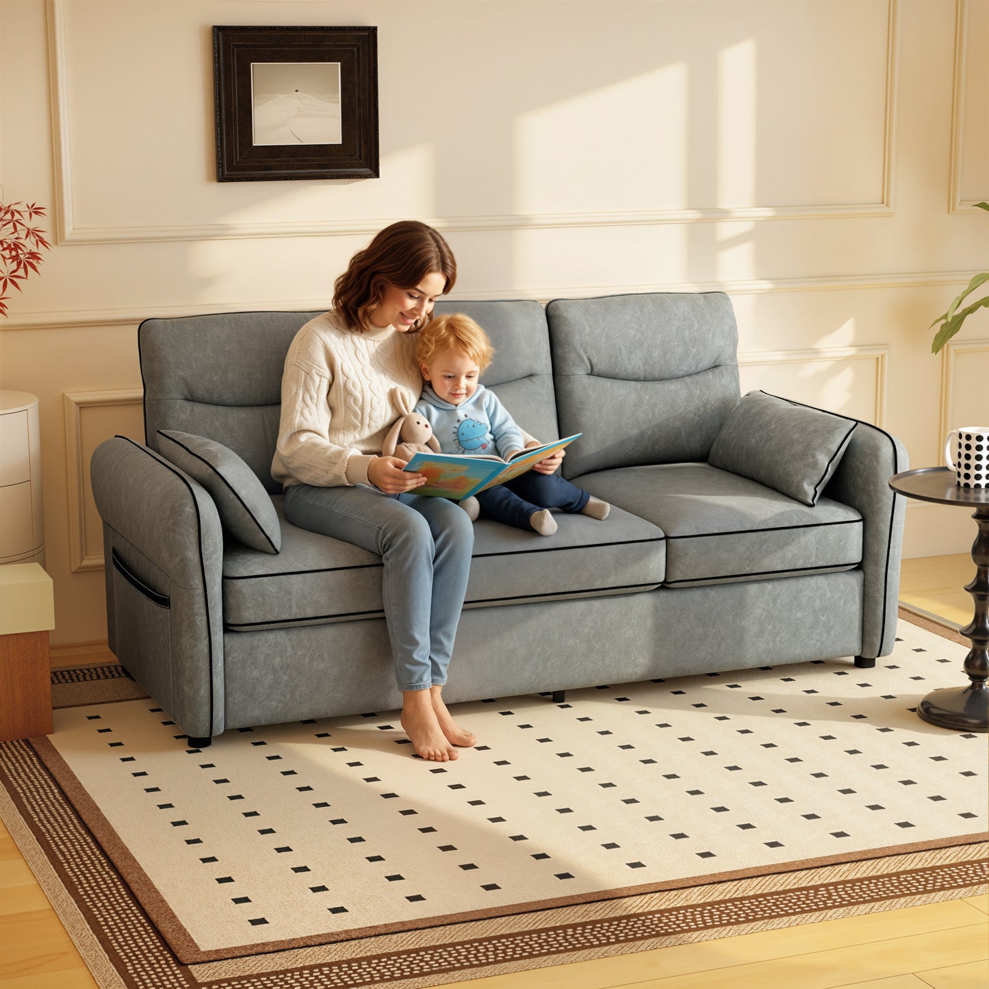 3 Seater Sofa, Faux Leather Couch with Thicken Cushion, Grey