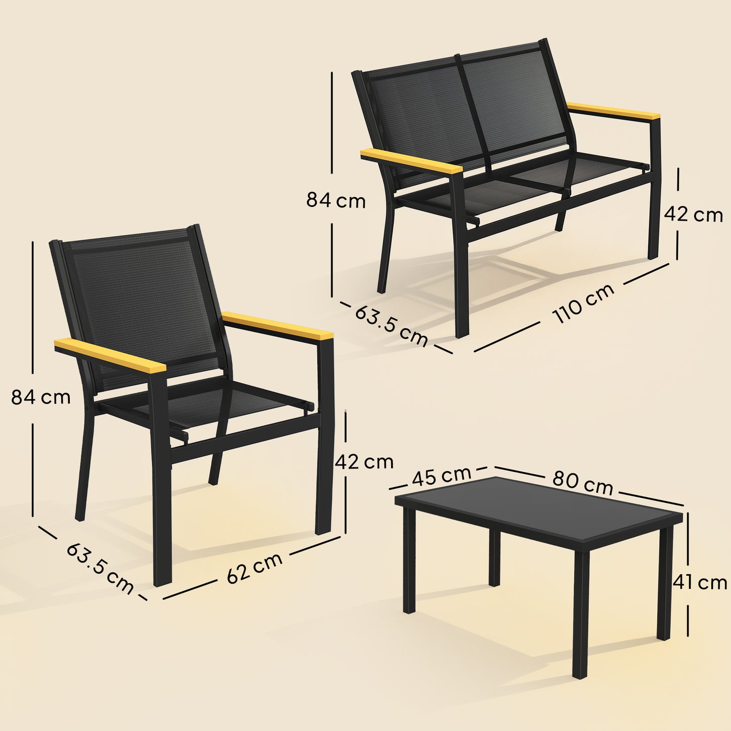 Outdoor Sofa with Tempered Glass Top 4 Seater Black