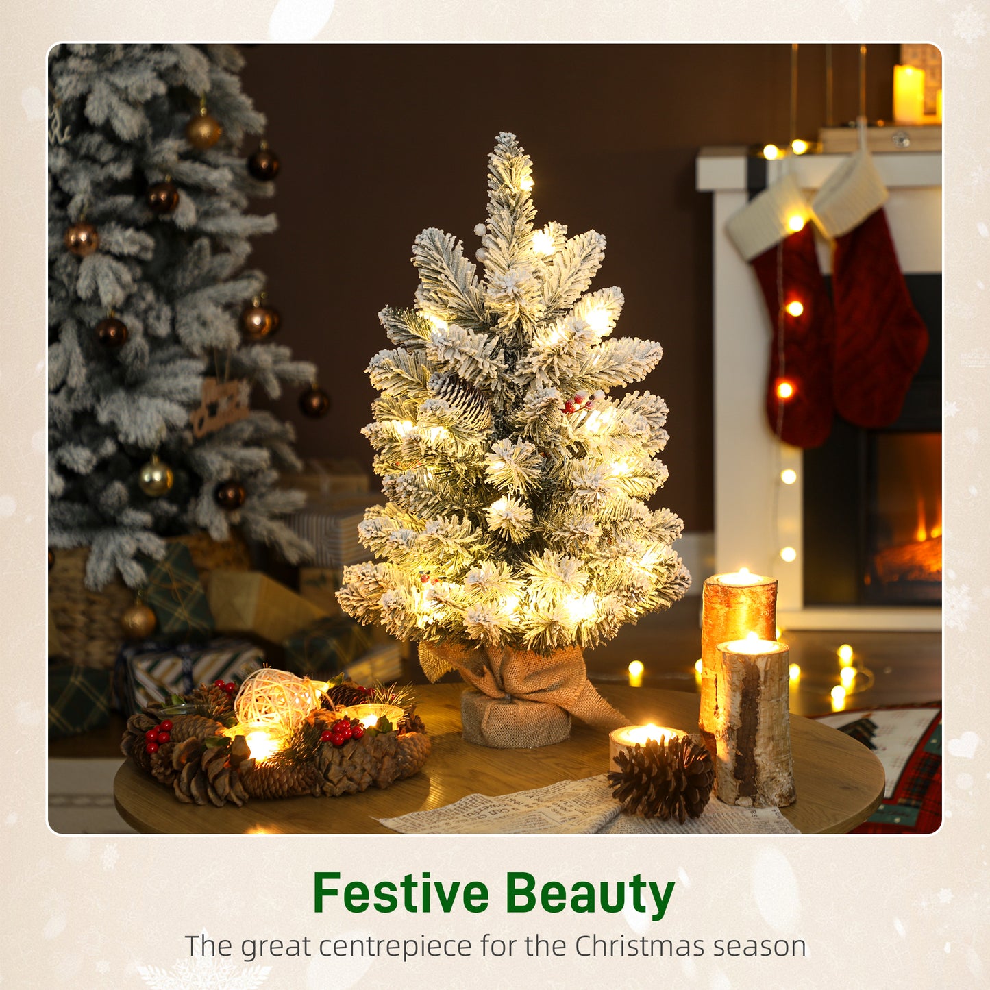 60 cm Prelit Small Christmas Tree, Snow Flocked Tabletop Xmas Tree
