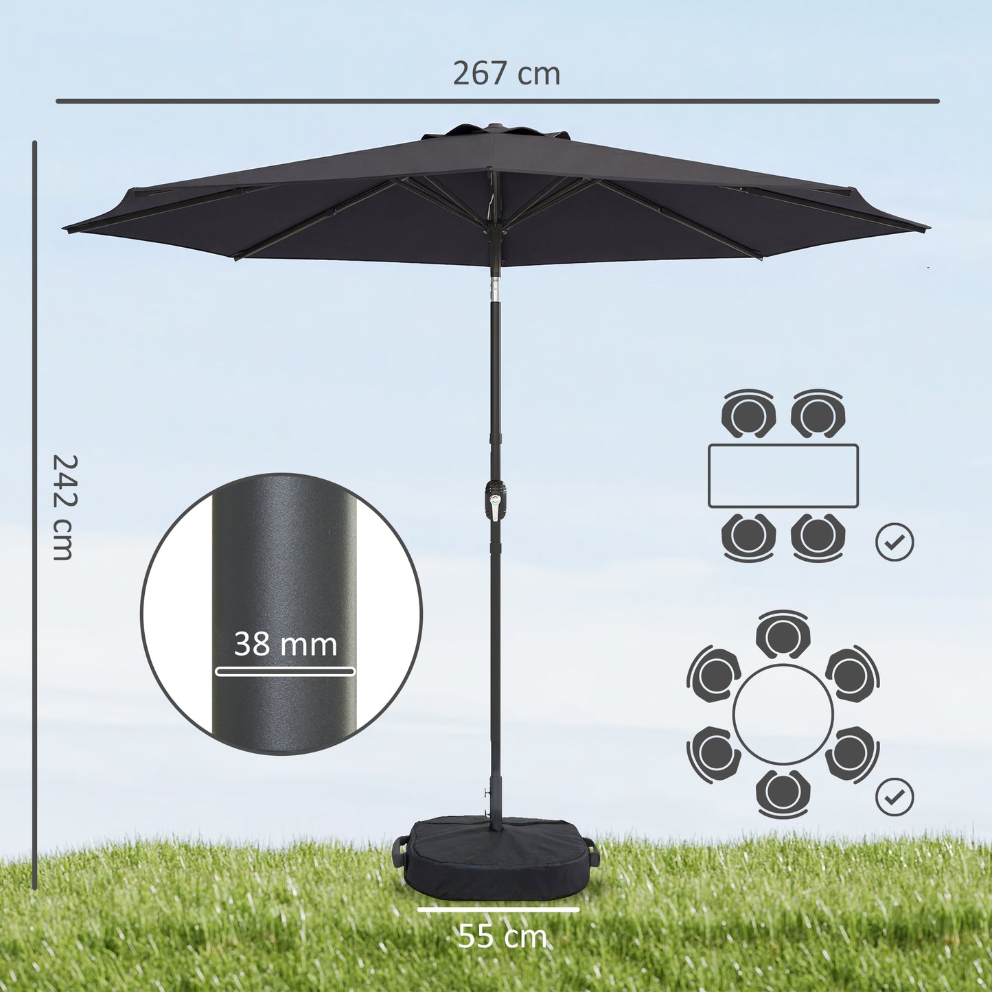 2.7 m Garden Parasol Umbrella with Cross Base, Sandbag, Black