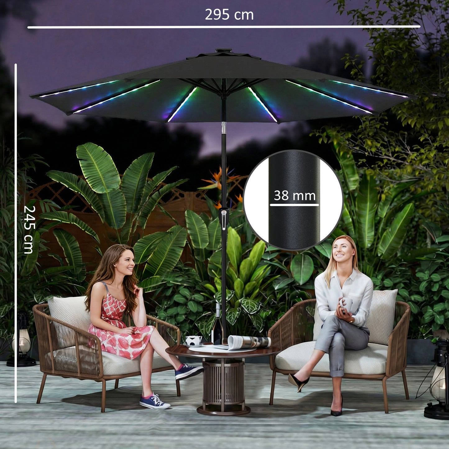 3 m Garden Parasol Umbrella with LED Lights, Patio Umbrella Black
