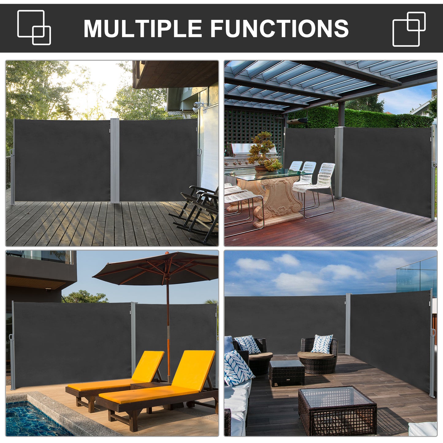 Retractable Sun Side Awning Screen Fence Patio Garden Wall Balcony Screening Panel Outdoor Blind Privacy Divider (3x1.8M, Grey)