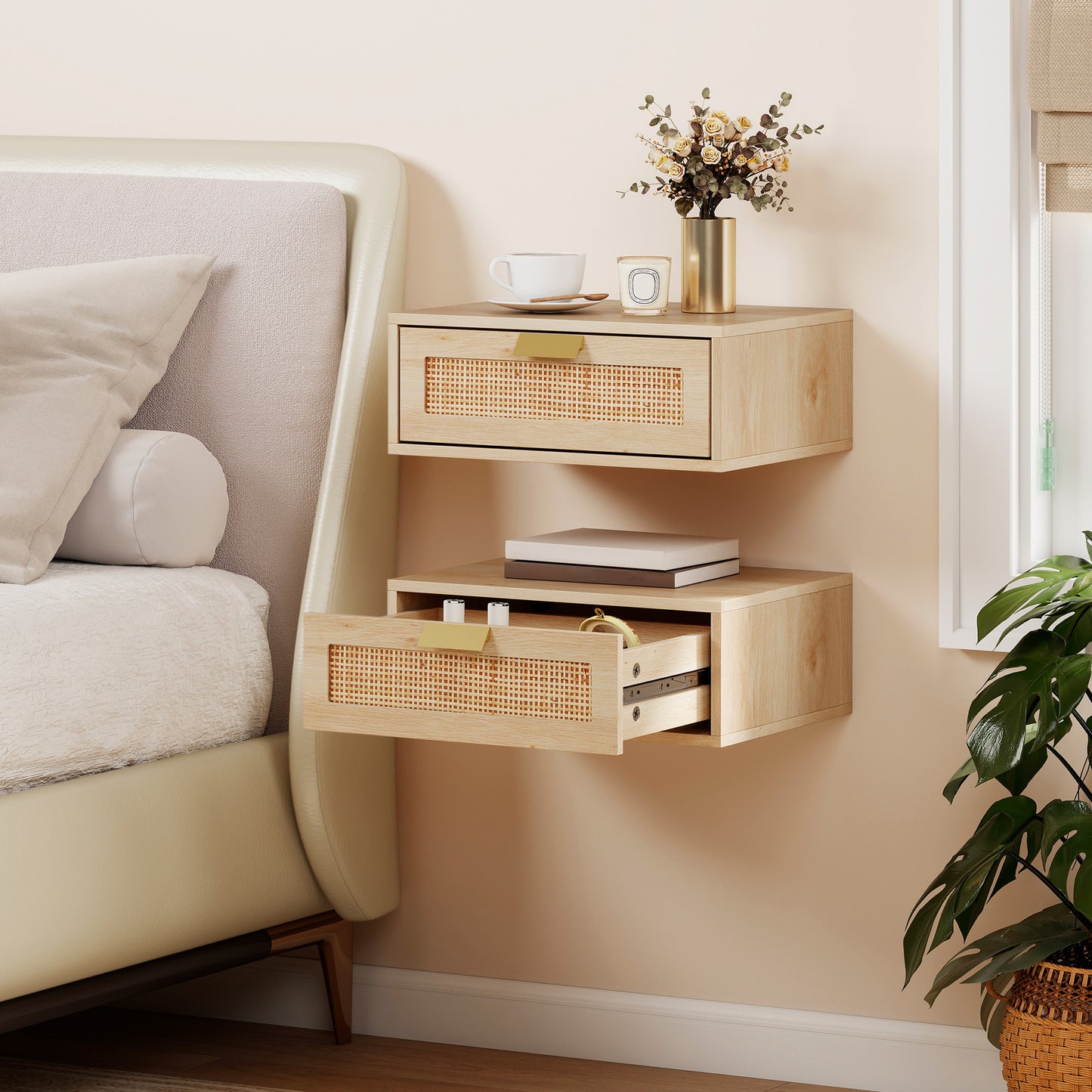 Floating Bedside Tables Set of 2, Boho Nightstands with Rattan Drawer