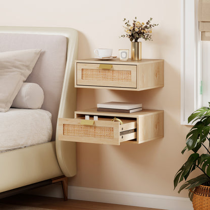 Floating Bedside Tables Set of 2, Boho Nightstands with Rattan Drawer