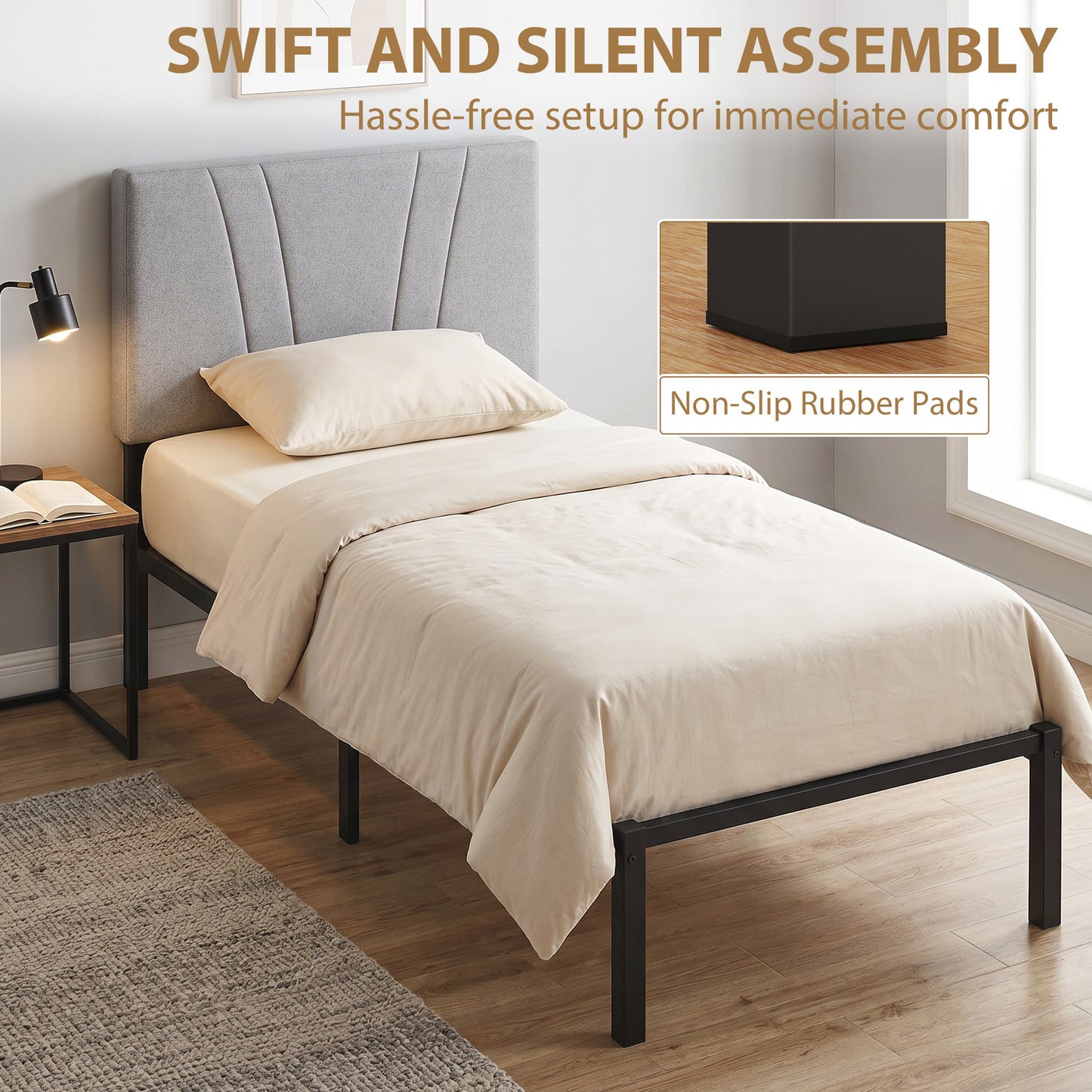 3FT Single Bed Frame with Upholstered and Padded Headboard, Metal Bed Frame with Underbed Storage and Steel Slat Support, No Box Spring Needed, Easy Assembly, Black and Light Grey