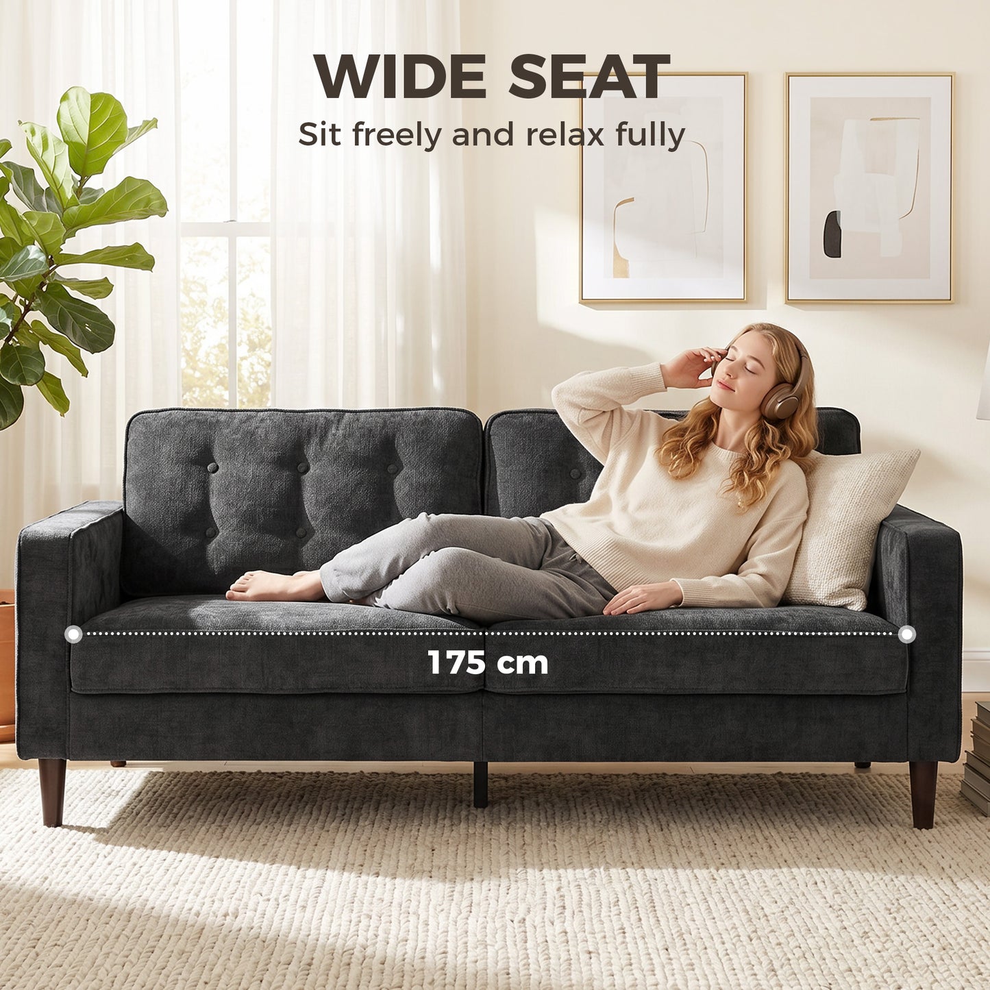 3 Seater Sofa, Upholstered Small Couch for Bedroom, Modern Futon Sofa Settee with Padded Cushion, Button Tufting and Wood Legs for Living Room, Dark Grey
