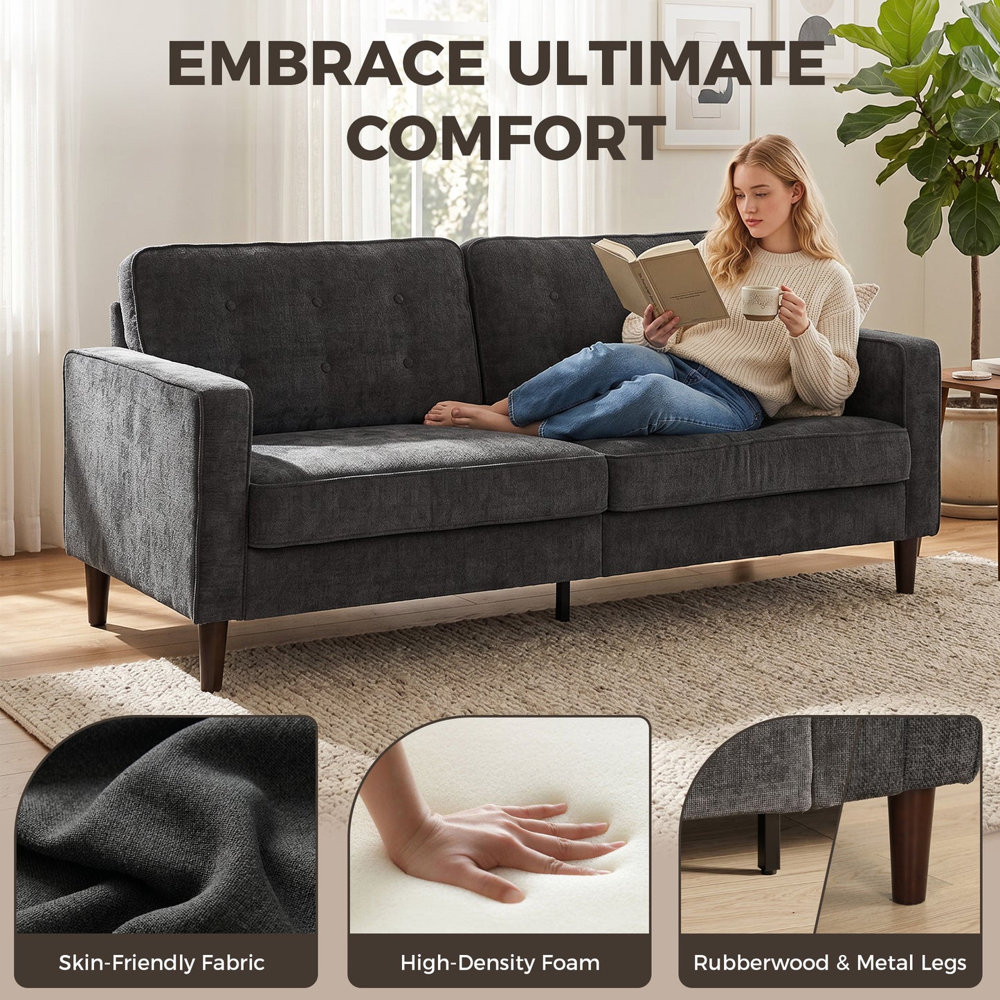 3 Seater Sofa, Upholstered Small Couch for Bedroom, Modern Futon Sofa Settee with Padded Cushion, Button Tufting and Wood Legs for Living Room, Dark Grey