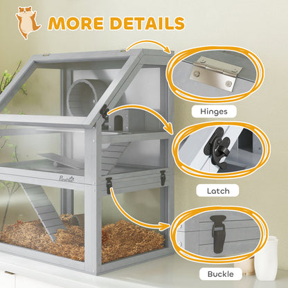 Wooden Hamster Cage, 3 Tier Gerbil Cage with Detachable 32cm Deep Bottom, Hut, Seesaw, Exercise Wheel, Ramps, Light Grey