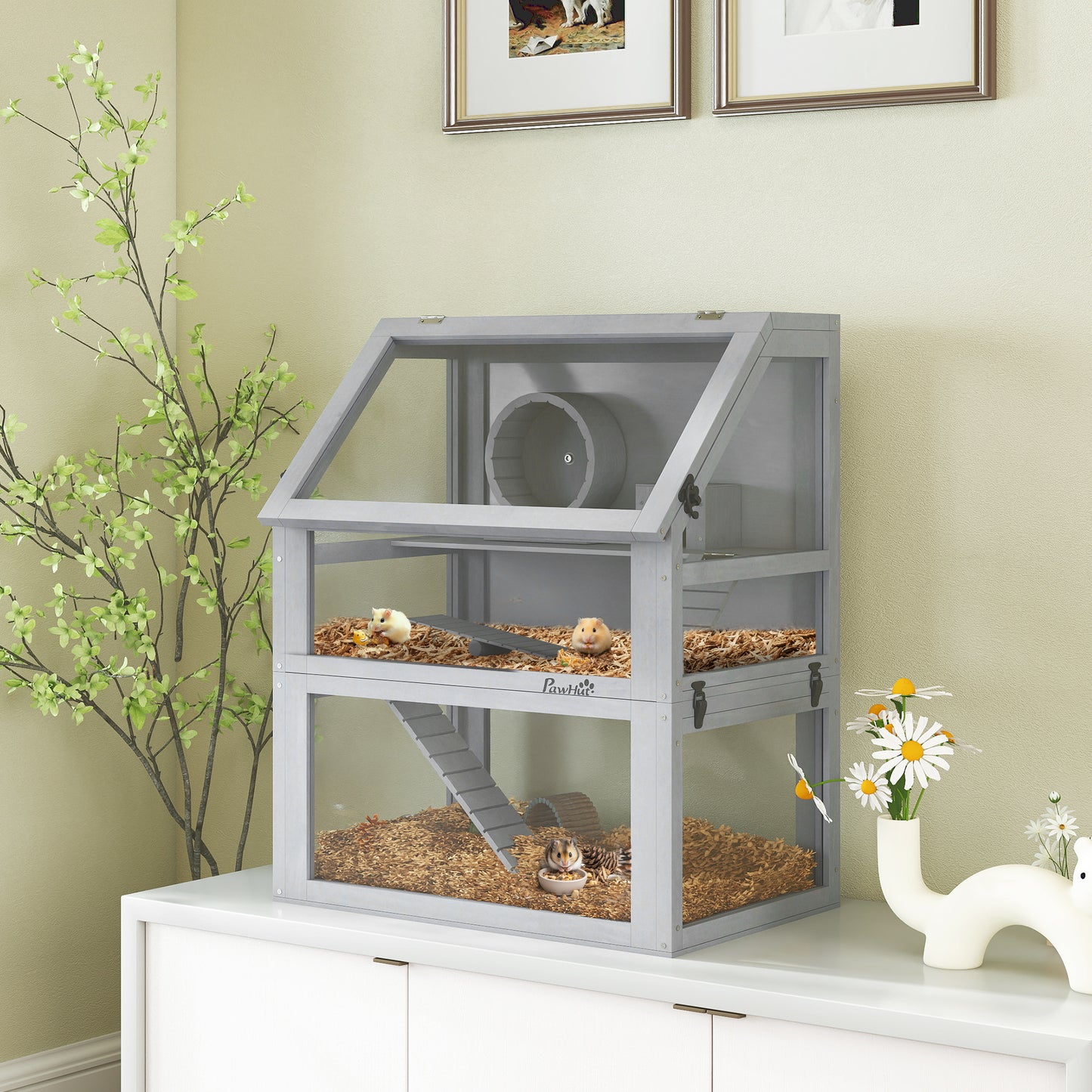 Wooden Hamster Cage, 3 Tier Gerbil Cage with Detachable 32cm Deep Bottom, Hut, Seesaw, Exercise Wheel, Ramps, Light Grey