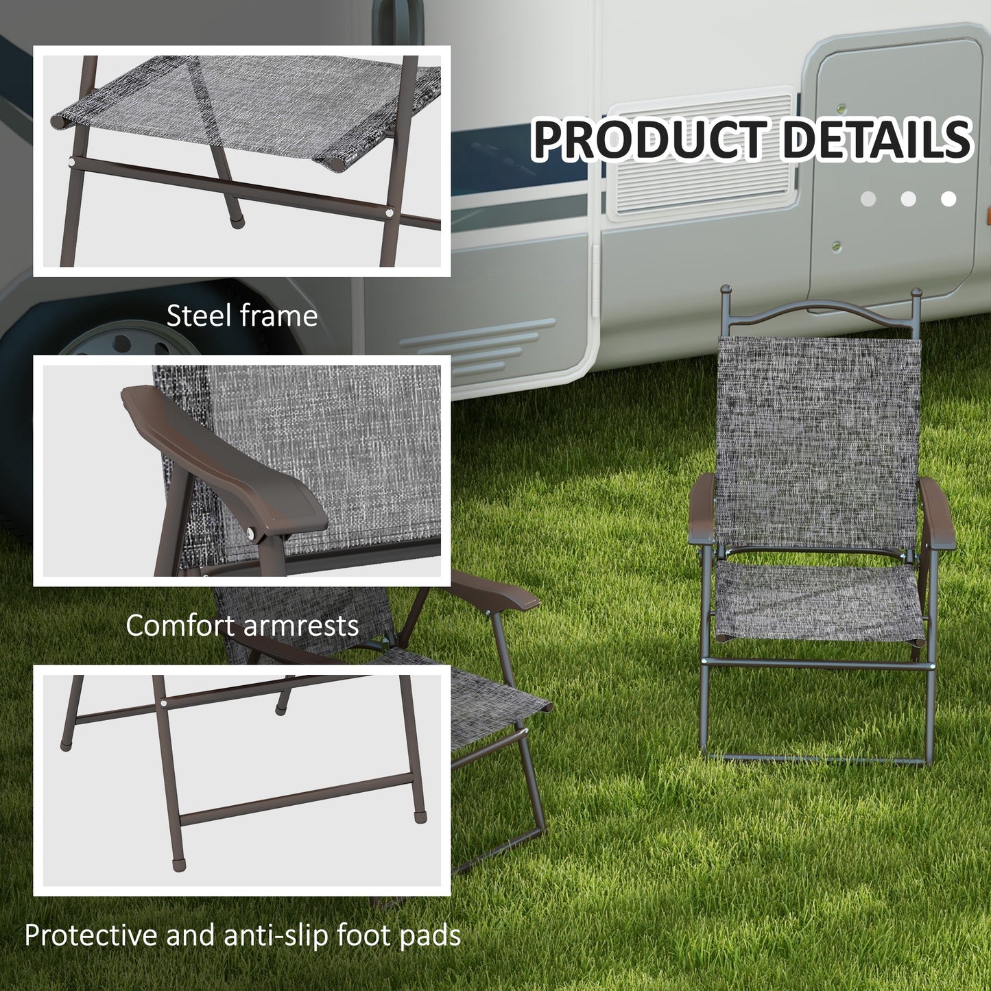 2 Pieces Folding Patio Camping Chairs Set, Sports Chairs for Adults with Armrest, Mesh Fabric Seat for Lawn