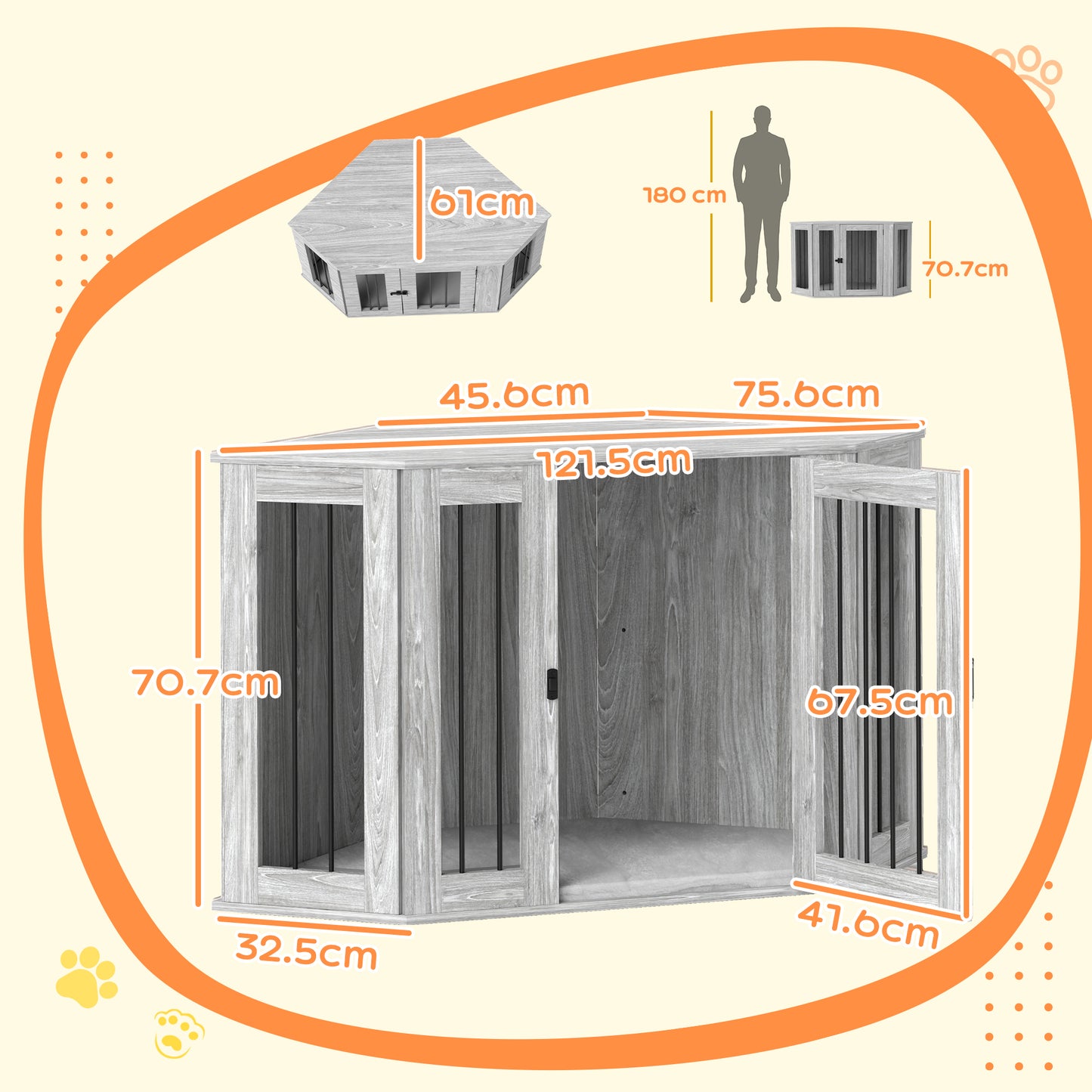 Dog Crate Furniture for Large Dogs w/ Cushion, Door - Grey