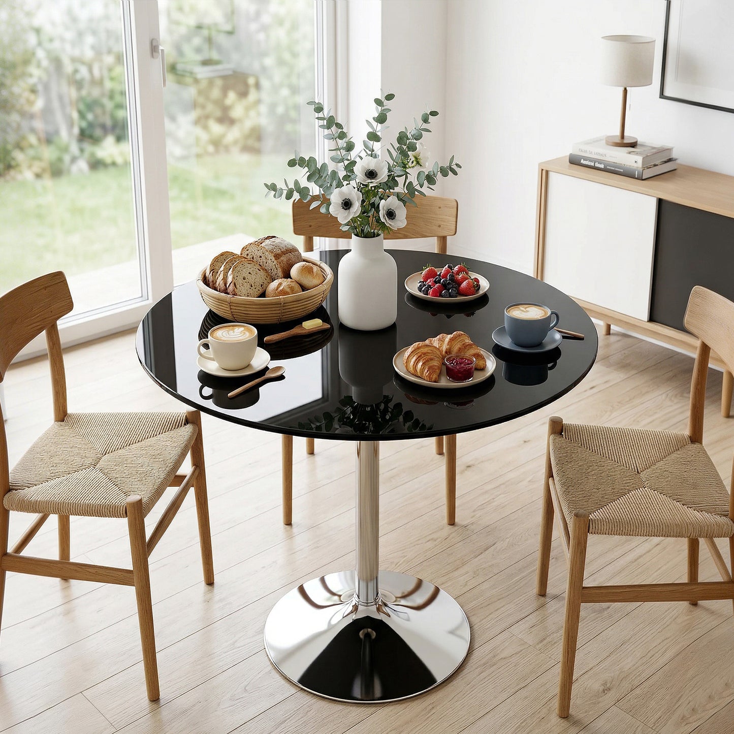 Round Bar Table, Dining Table with Tempered Glass Top and Steel Frame