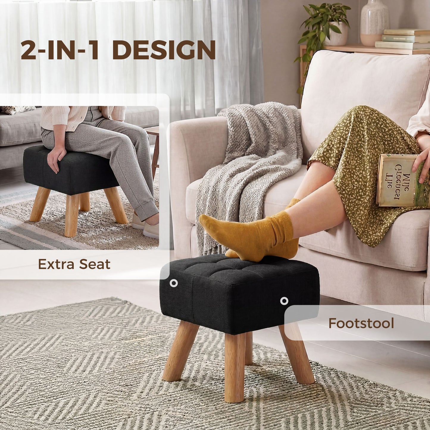 Modern Footstool, Fabric Foot Rest with Rubber Wood Legs, Black