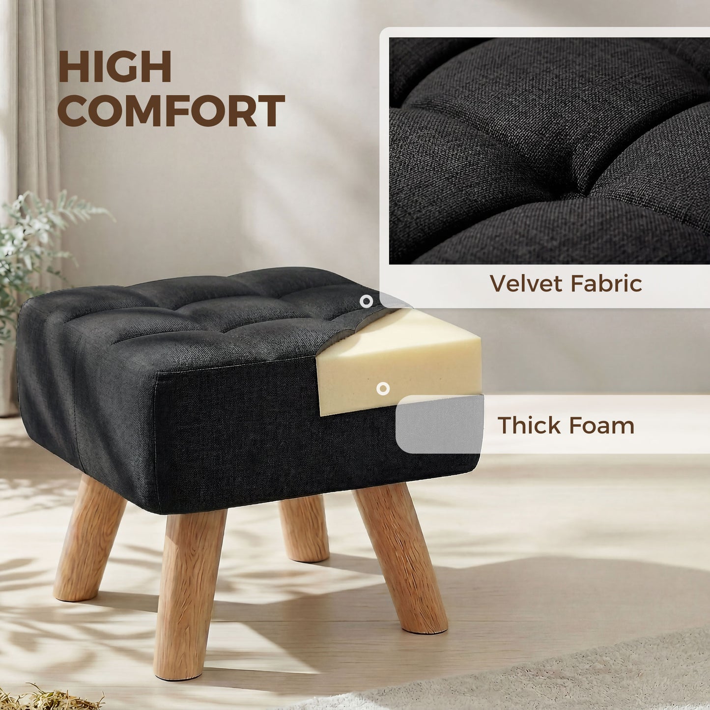 Modern Footstool, Fabric Foot Rest with Rubber Wood Legs, Black