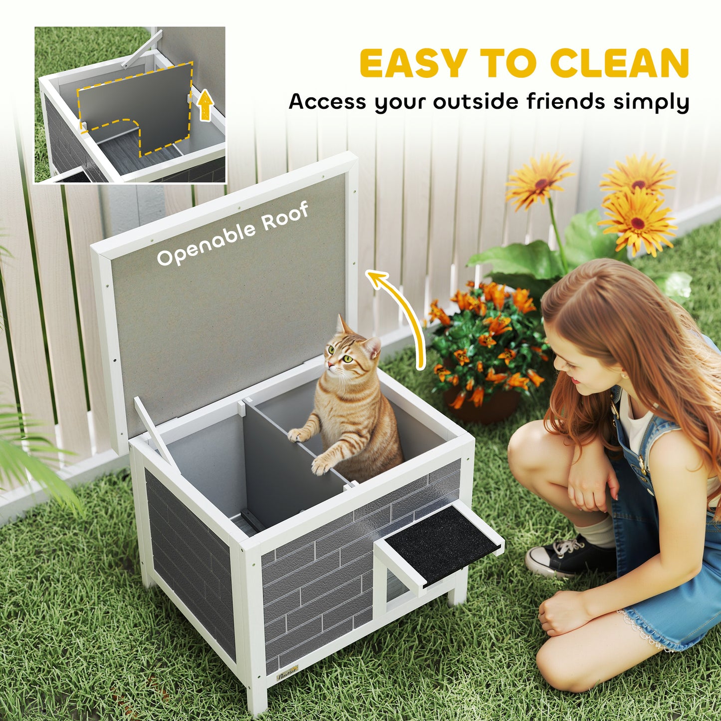 Outdoor Cat House Insulated Wooden Feral Cat Shelter w/ Openable Roof
