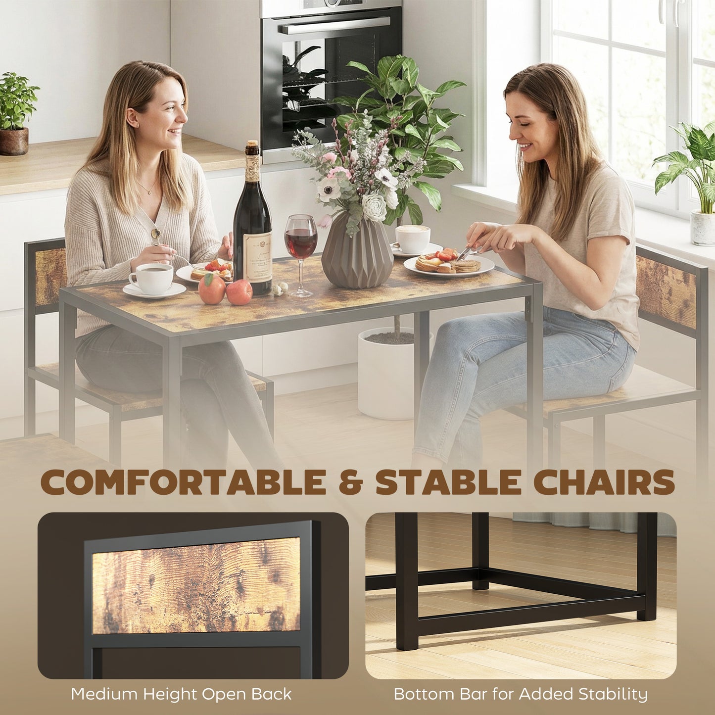 3 Piece Dining Table Set with Metal Frame Rustic Brown
