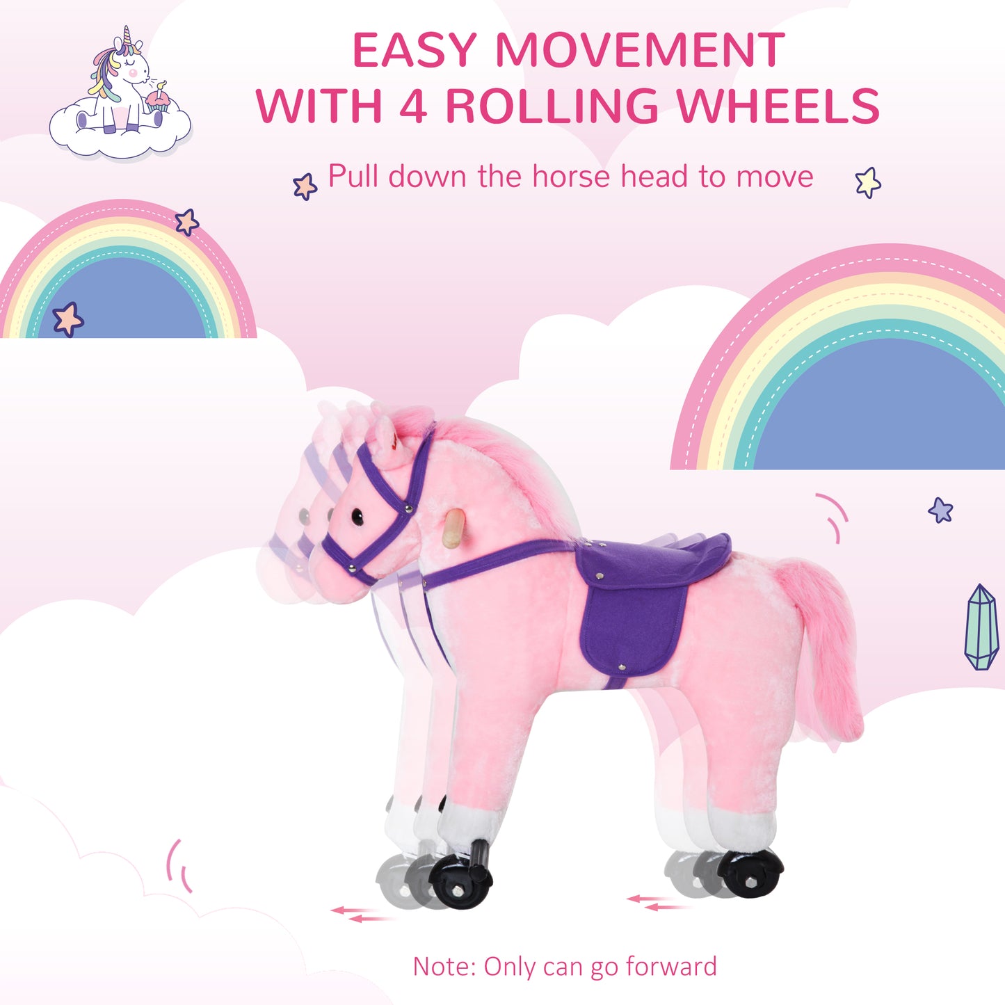 Wooden Action Pony Wheeled Walking Horse Riding Little Baby Plush Toy Wooden Style Ride on Animal Kids Gift w/Sound (Pink)