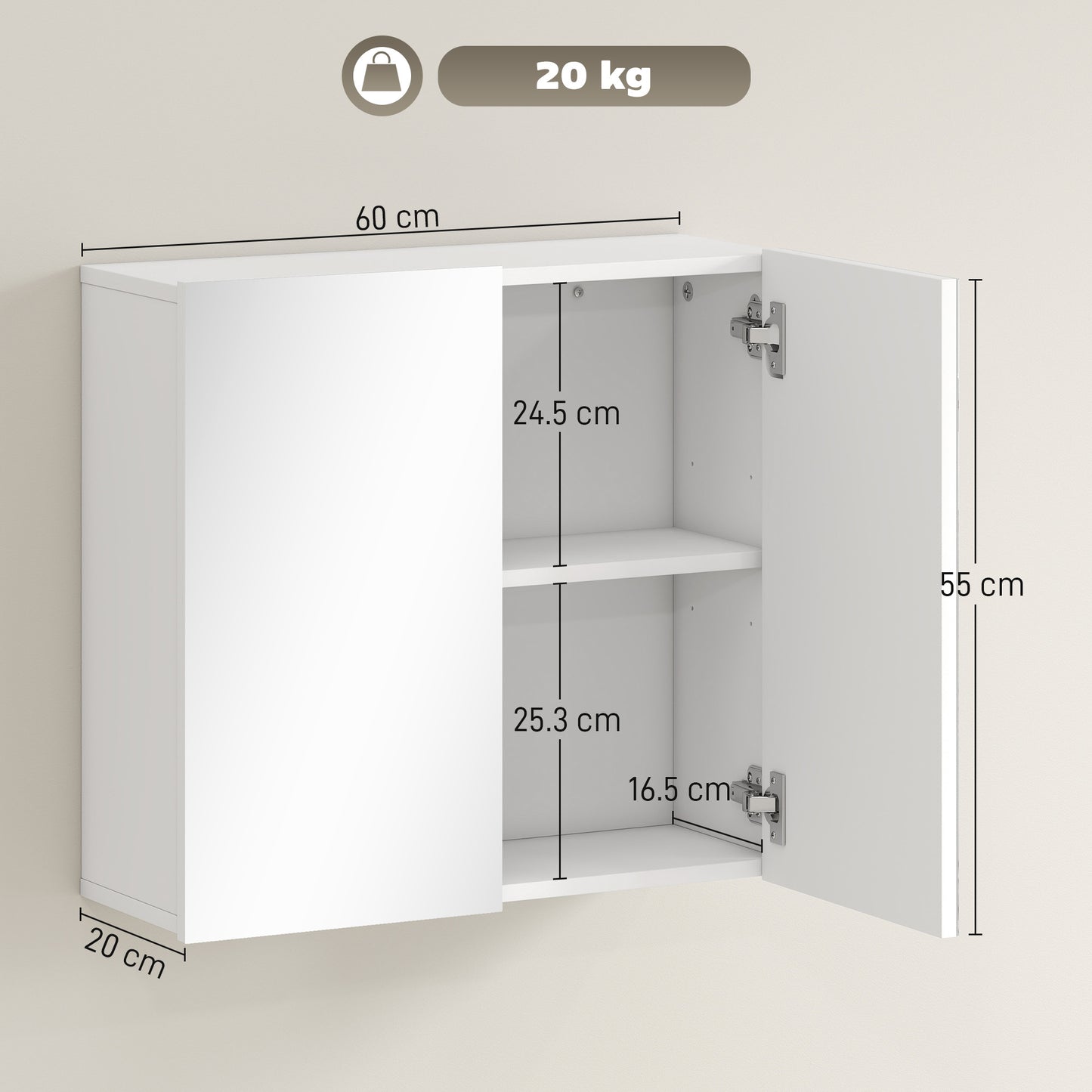 Bathroom Mirror Cabinet with 2 Doors and Adjustable Shelf, White
