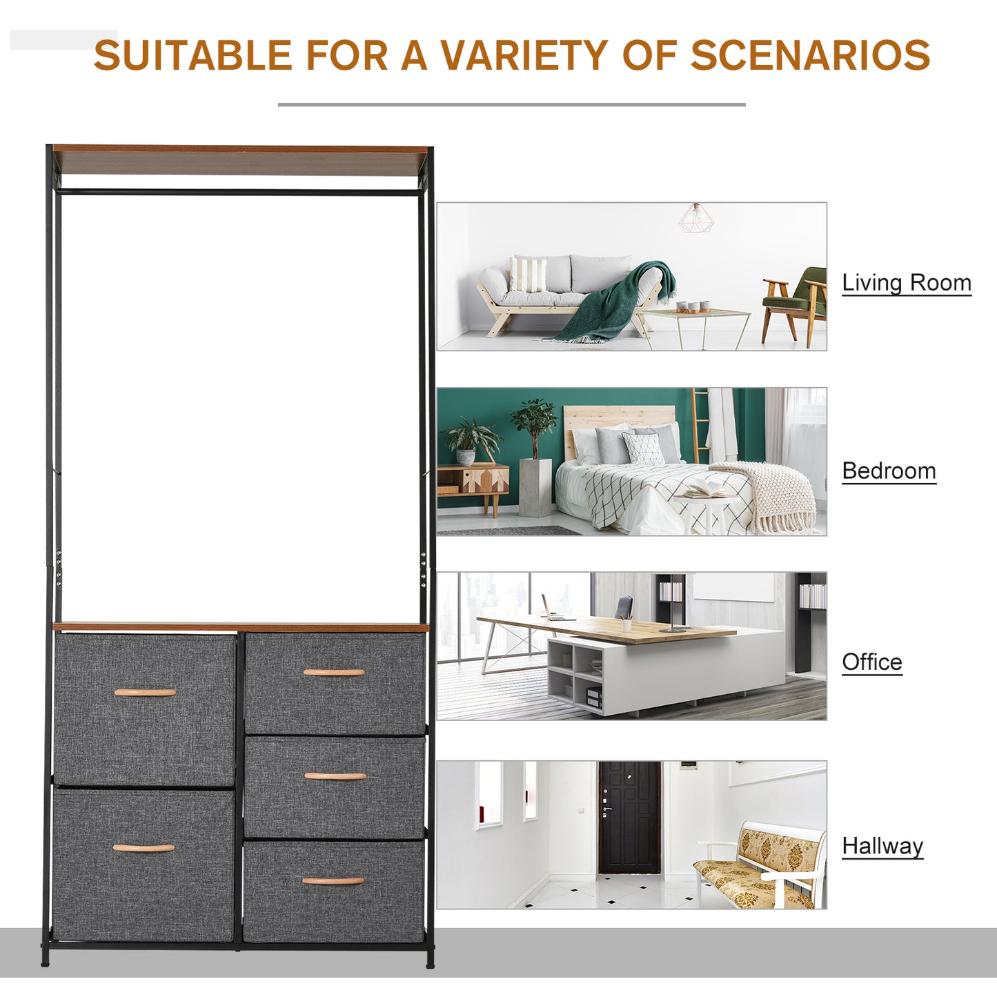 Storage Coat Rack Hallway Bedroom Organiser Shelves w/ Hanger, 5 Drawer