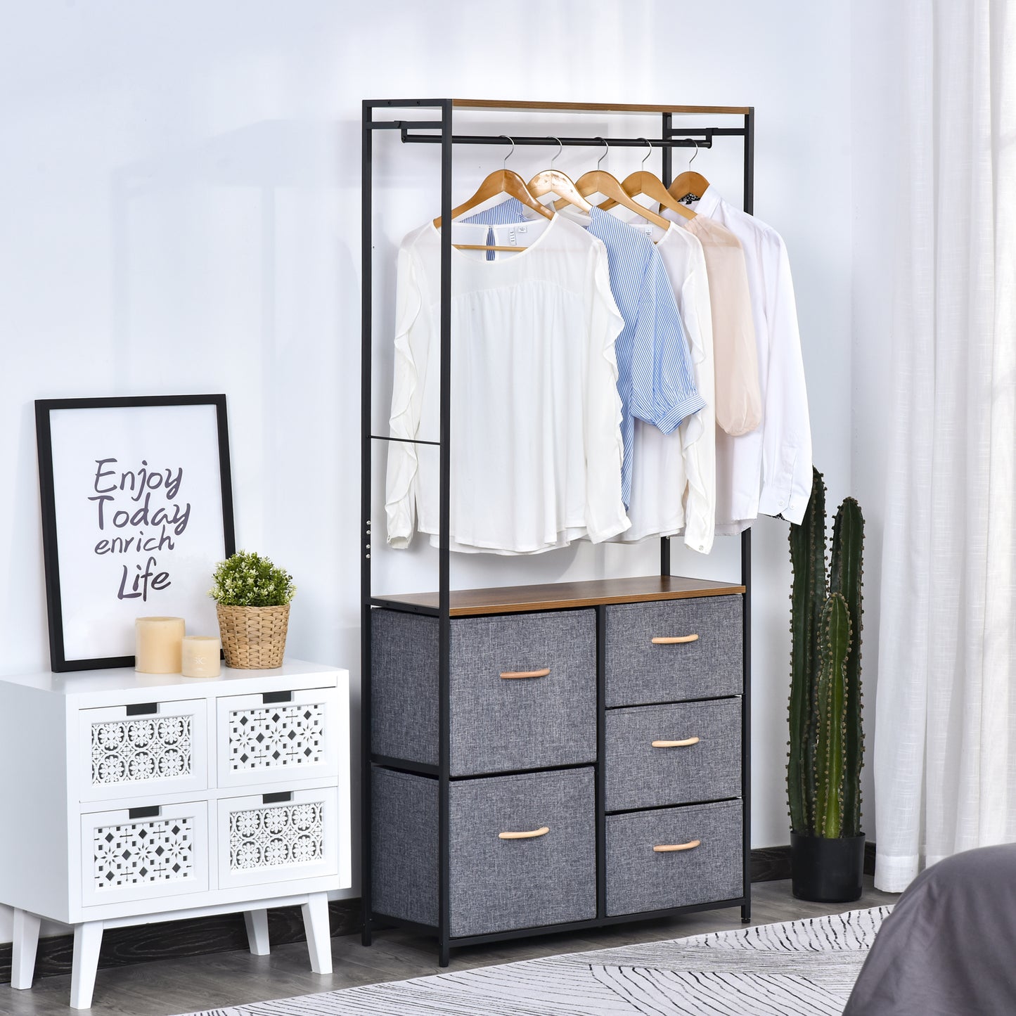 Storage Coat Rack Hallway Bedroom Organiser Shelves w/ Hanger, 5 Drawer