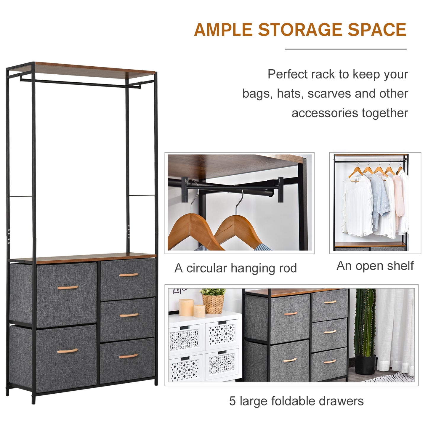 Storage Coat Rack Hallway Bedroom Organiser Shelves w/ Hanger, 5 Drawer
