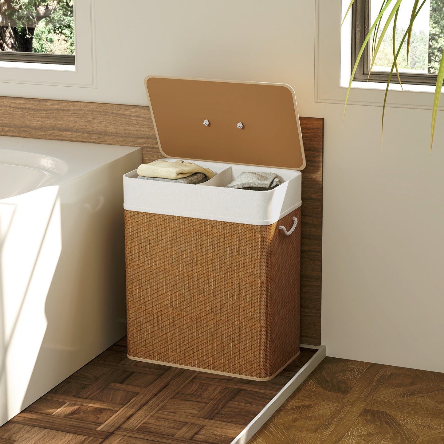 100L Laundry Basket with Lid, Washing Basket for Bathroom, Brown