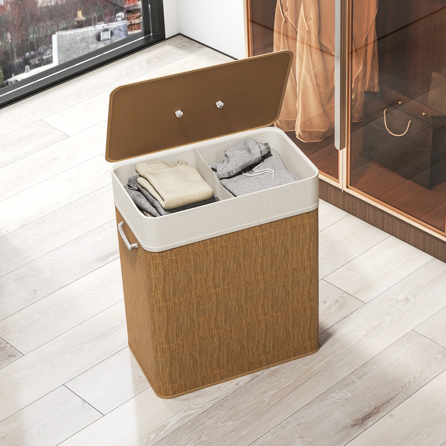 100L Laundry Basket with Lid, Washing Basket for Bathroom, Brown