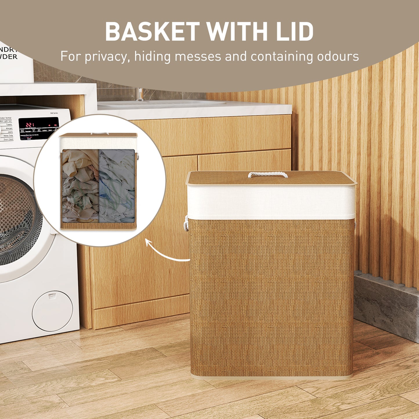100L Laundry Basket with Lid, Washing Basket for Bathroom, Brown