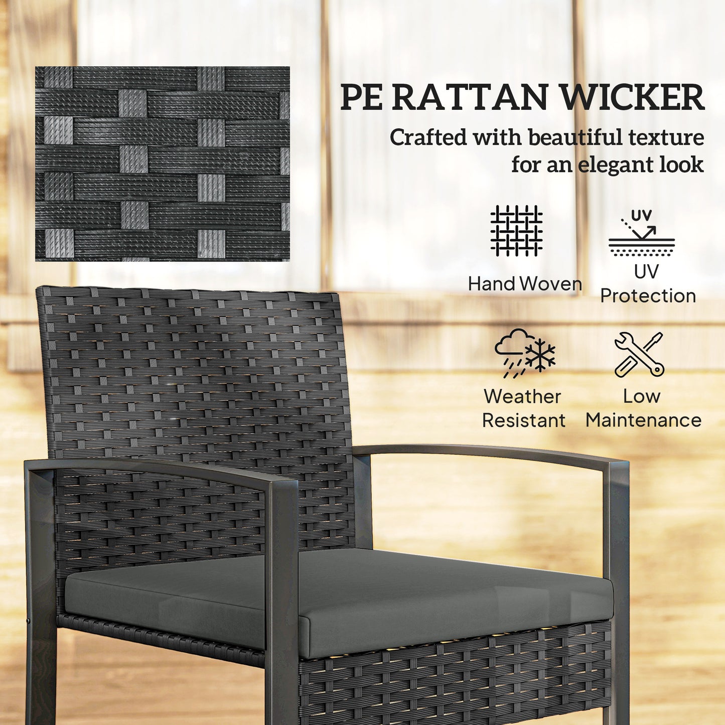 Rattan Bistro Set, 3 PCS Garden Furniture with Cushion, Dark Grey