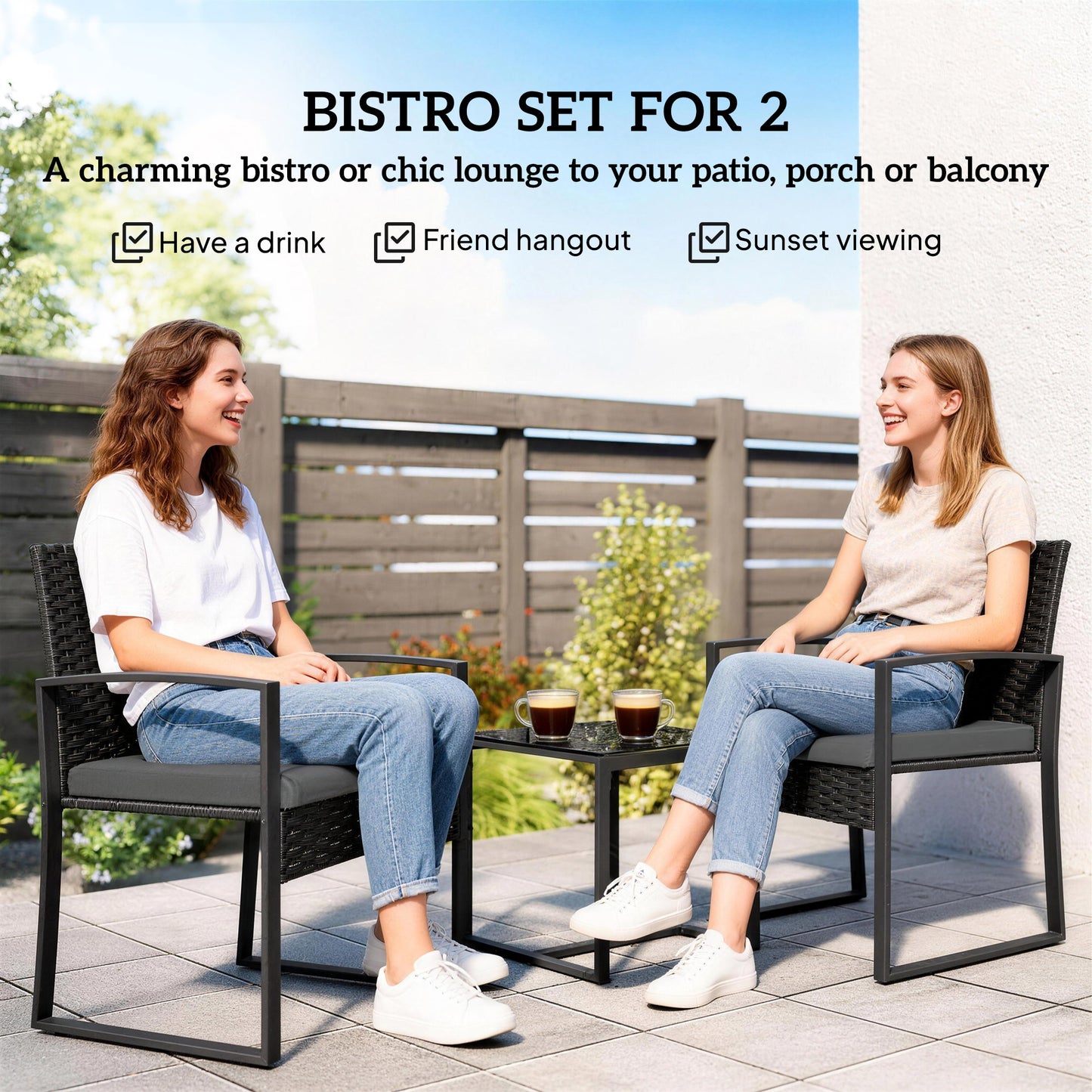 Rattan Bistro Set, 3 PCS Garden Furniture with Cushion, Dark Grey