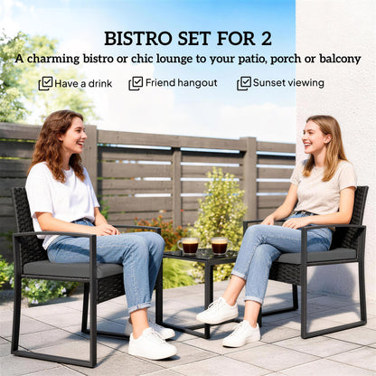 Rattan Bistro Set, 3 PCS Garden Furniture with Cushion, Dark Grey