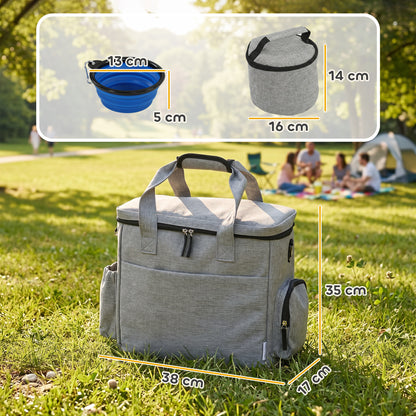 Dog Travel Bag, Dog Walking Bag with Multiple Pockets, Two Food Containers and Silicone Collapsible Bowl, Treat Pouch Bag for Cat Puppy Picnic Camping, Light Grey