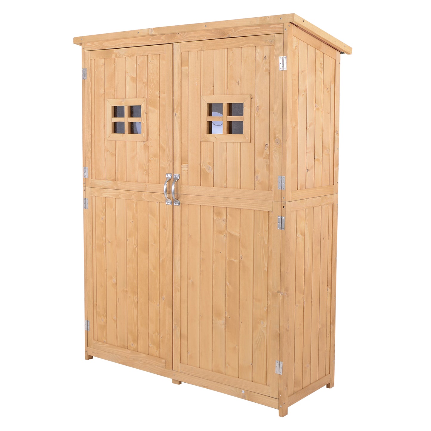 Wooden Garden Storage Shed Tool Cabinet Organiser with Shelves, Two Windows- Natural
