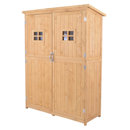 Wooden Garden Storage Shed Tool Cabinet Organiser with Shelves, Two Windows- Natural