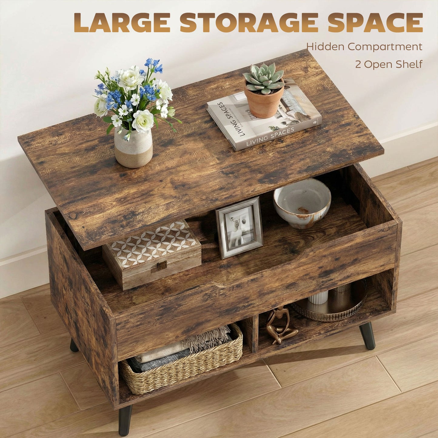 Lift Top Coffee Table Hidden Storage 75 cm Rustic Brown