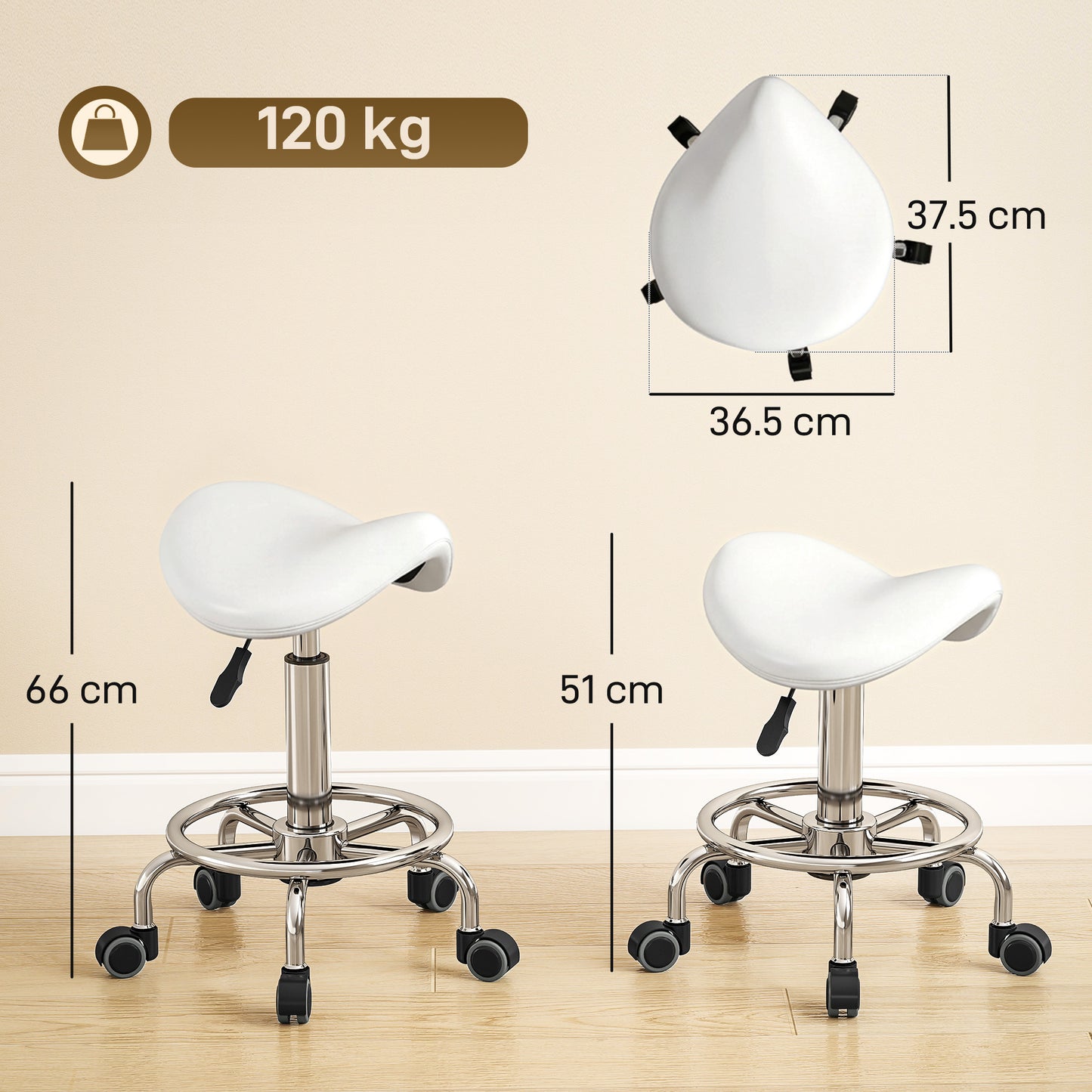 Saddle Chair, Rolling Salon Stool for Massage Spa, White