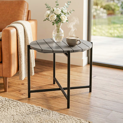 54 cm Round Garden Table, Slatted Wood Top Outdoor Table, Dark Grey