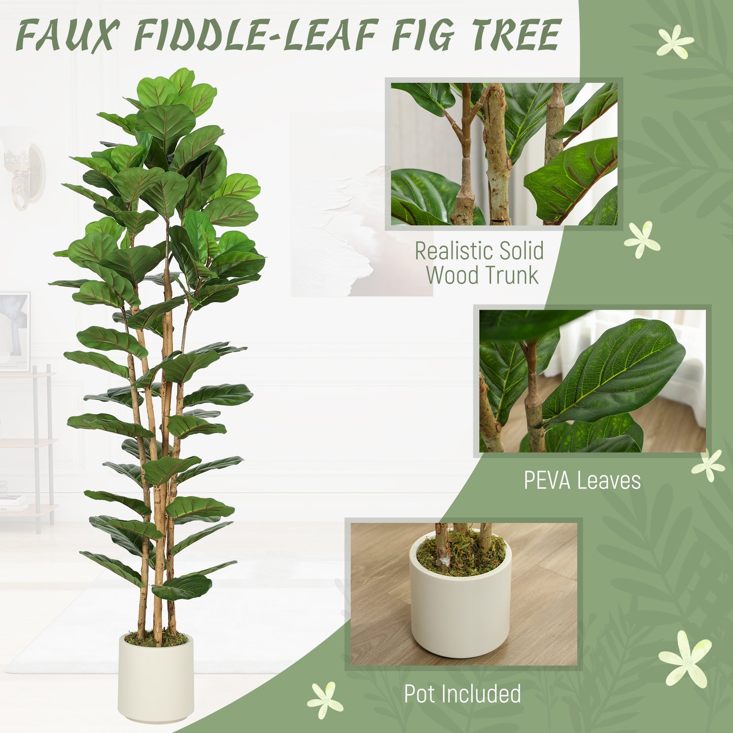 180cm Artificial Fiddle Leaf Fig Tree with Solid Wood Trunks